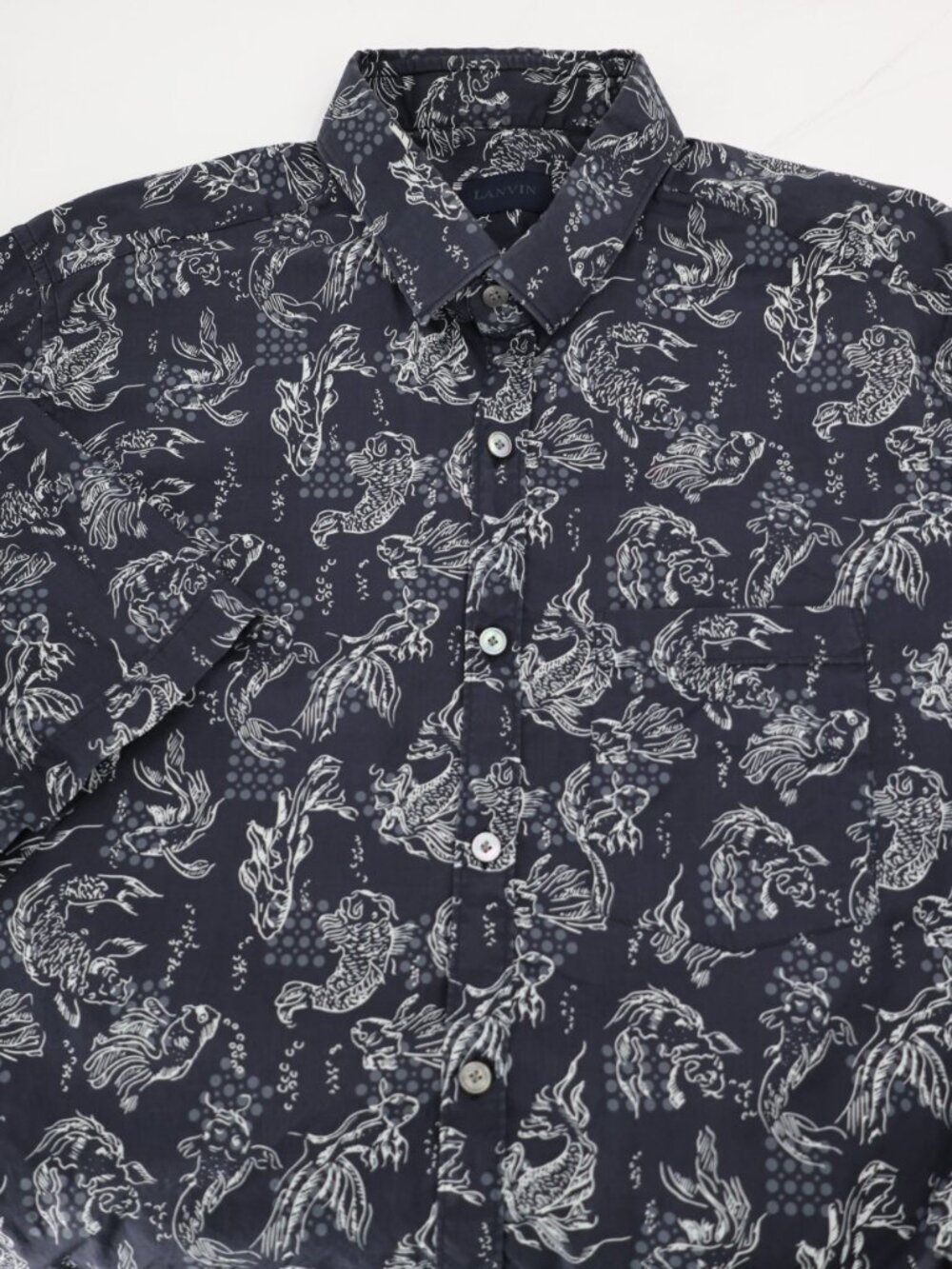 Lanvin Shirt Mens 17 43 Cotton Short Sleeve Button Up Fish Print Casual blue